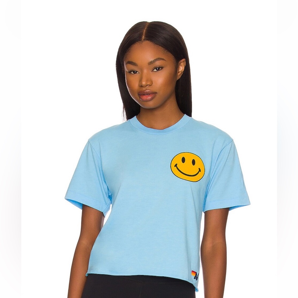 Aviator Nation Smiley catching rainbows T-shirt in light blue